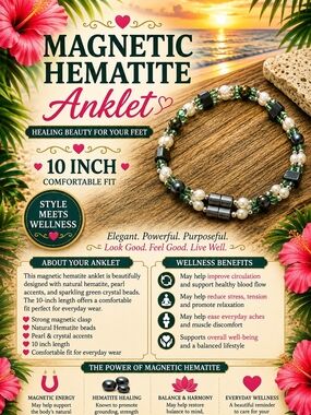 31.  Magnetic Hematite Anklet with Green Crystal & Pearl Accents - 10"